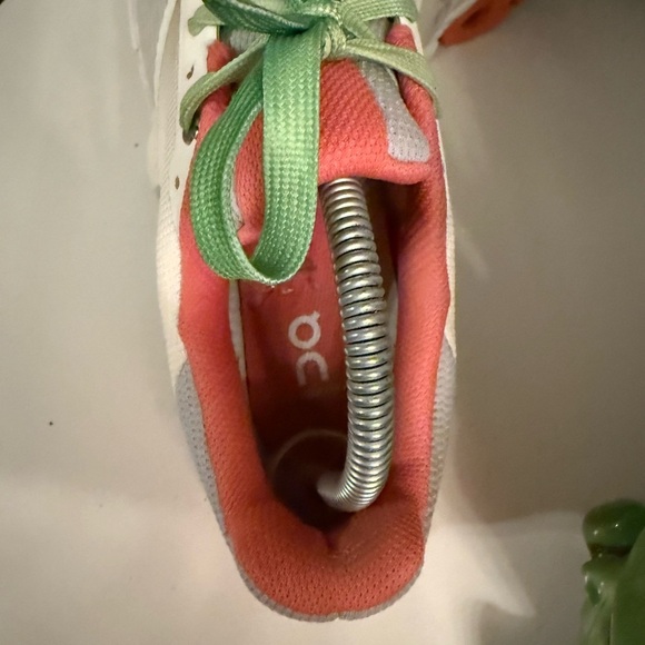 On Running Women's Athletic Shoes in White and Coral with Green Laces - Picture 3 of 8